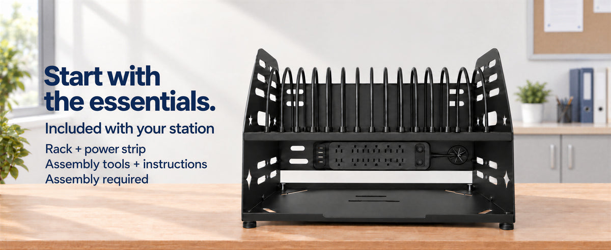 Charging rack and power strip with included-items information.