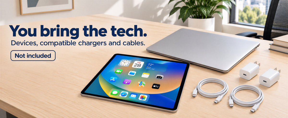 Devices, chargers and cables shown as items that are not included.