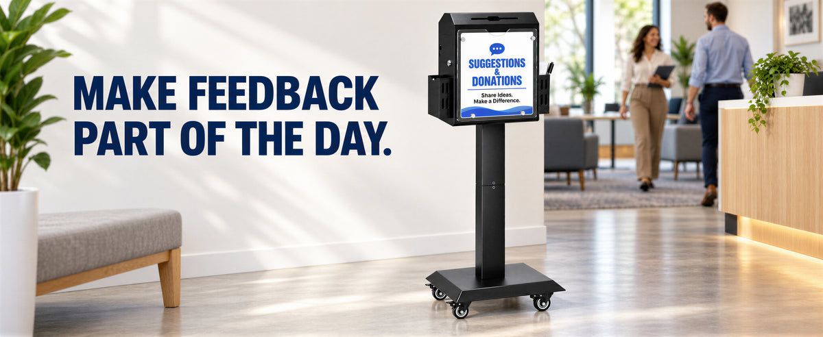 Freestanding Kaznyika suggestion box in a welcoming reception area.